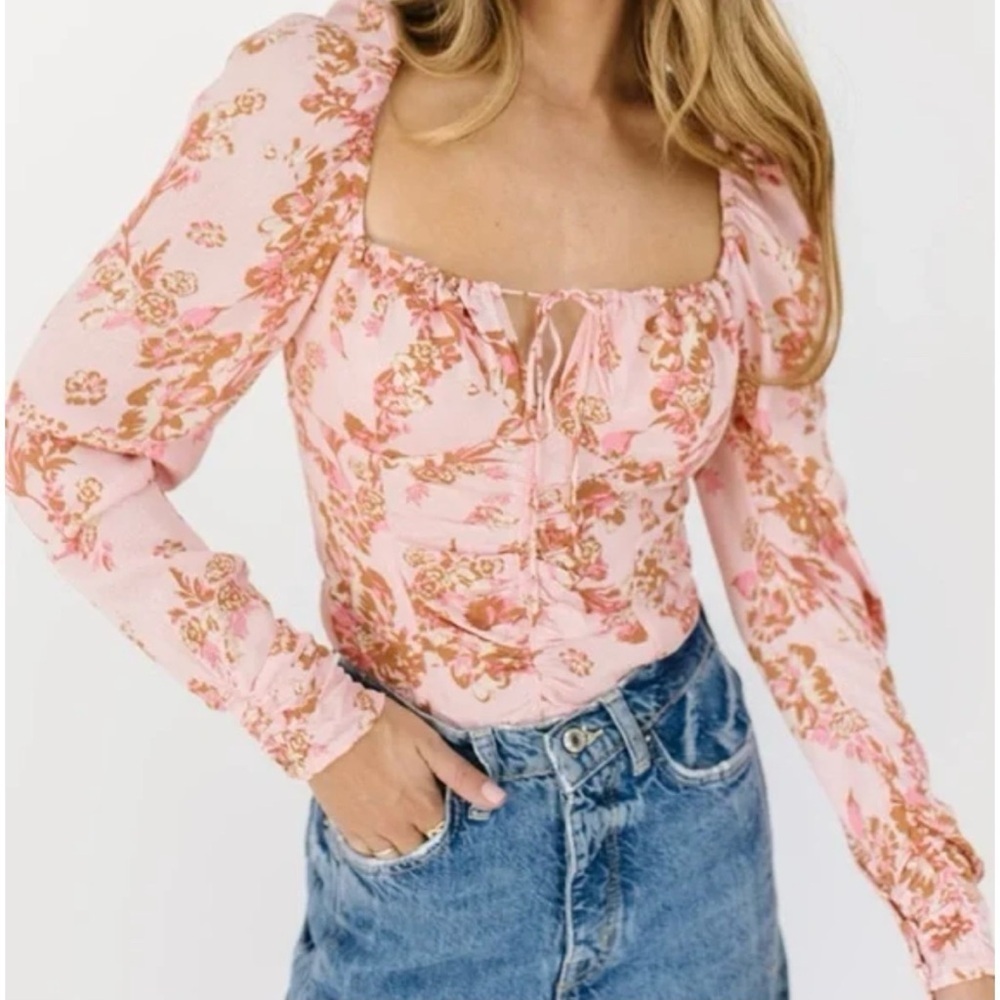 Free People Hilary Floral Smocked Back Crop Top Pink Combo Flirty EUC M #1010